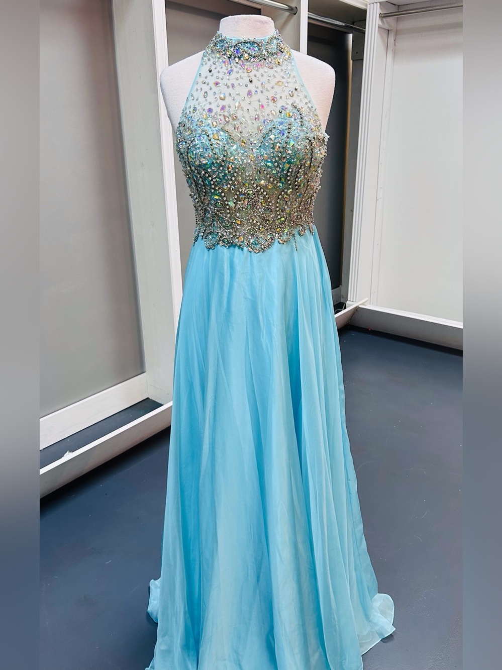 Light Blue Beaded Halter Prom Dress with Chiffon Skirt